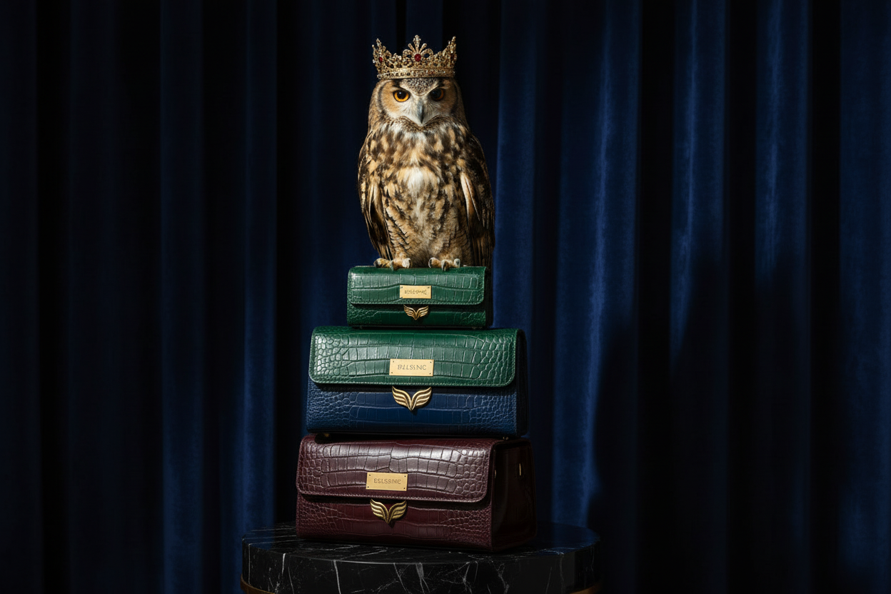 Luxurious owl with crown on Belsine handbags - navy blue background